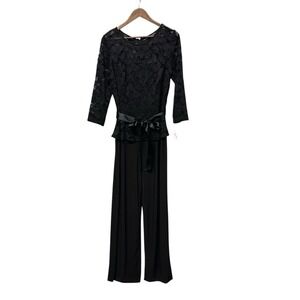 Neiman Marcus Women‎ Black Lace Zip Up 3/4 Sleeve Jumpsuit Sz 10 Peplum Wide Leg